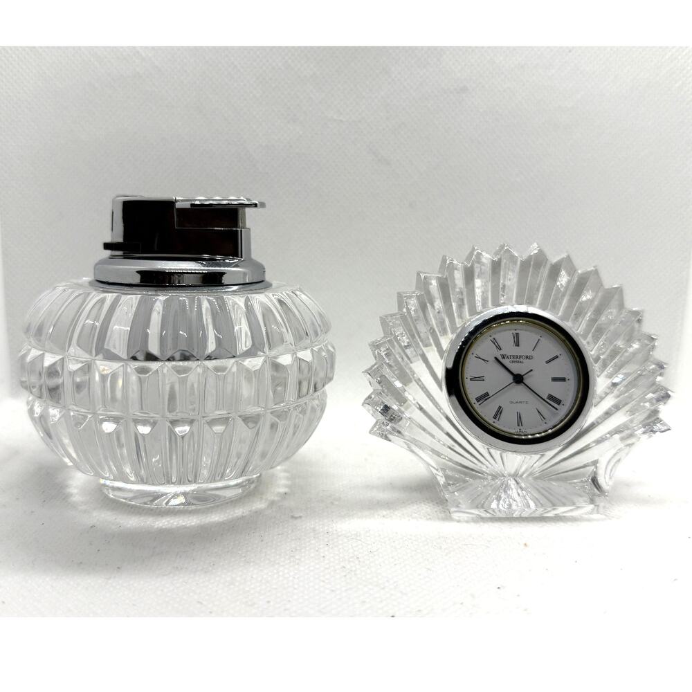 Waterford Crystal Glenmore Tabletop Butane Lighter & Clam Shell Clock Signed VTG